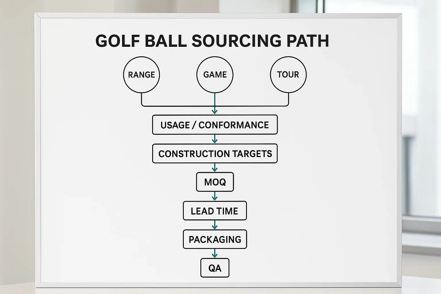 golf ball sourcing path chart from usage to QA for range game and tour