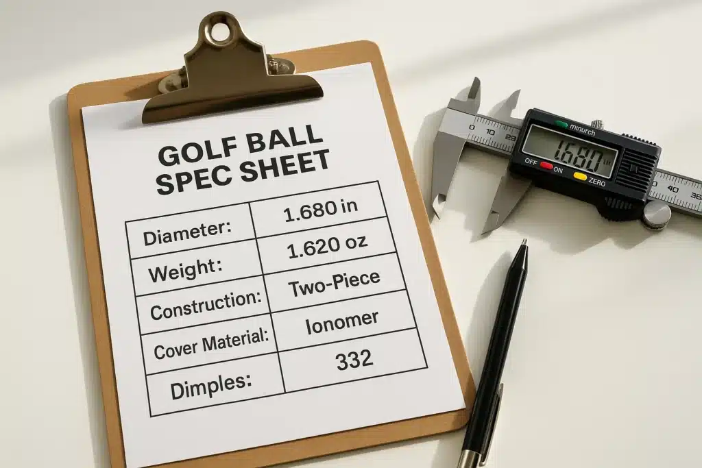 golf ball specification sheet with caliper and pen for OEM quality control