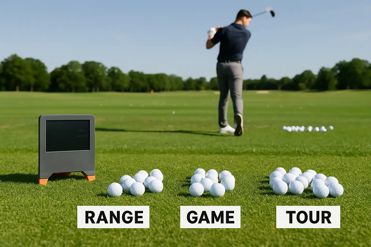 range game and tour golf balls on grass with golfer testing spin launch