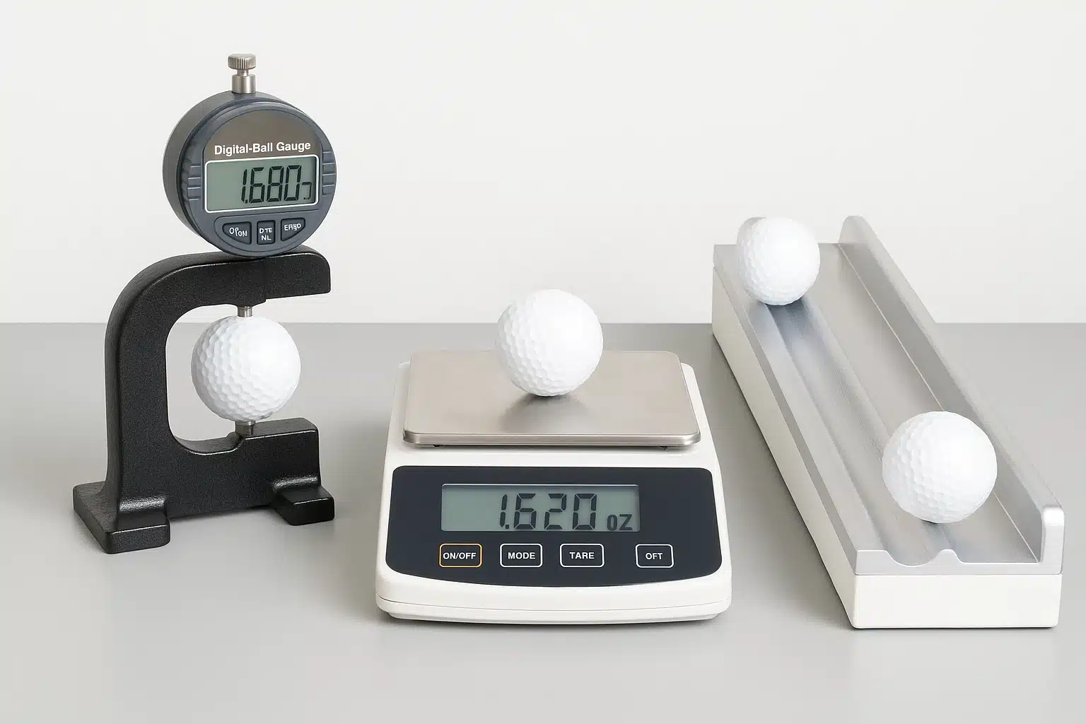 golf ball weight and size testing with digital gauge and scale