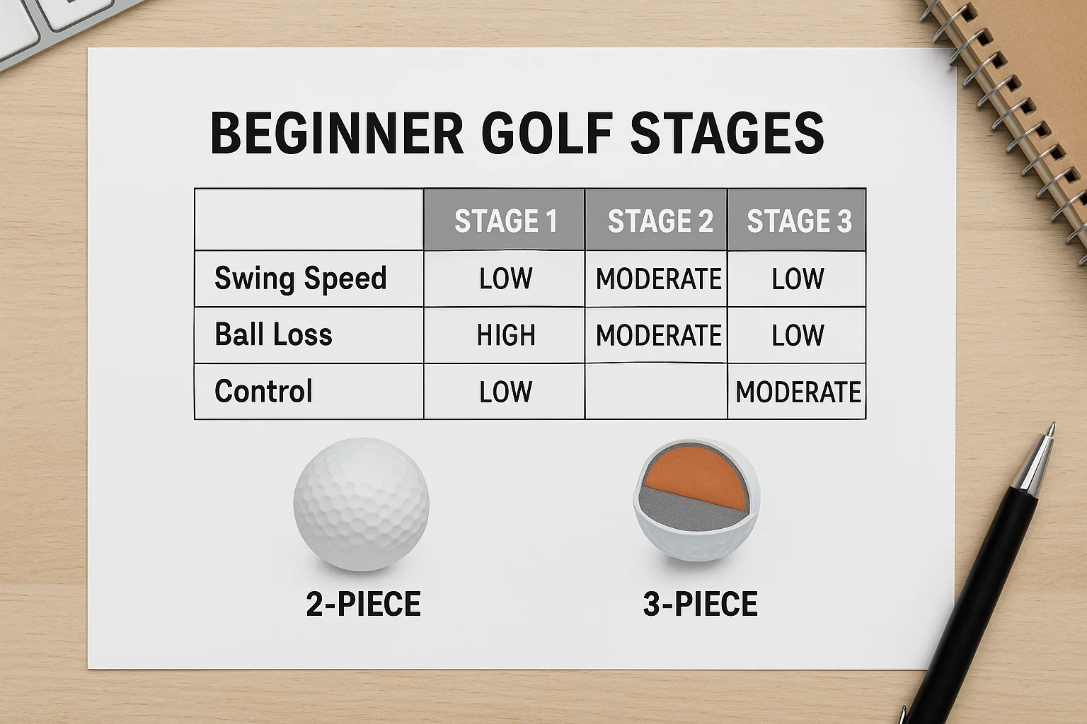 2-piece and 3-piece golf balls with beginner stages chart for OEM wholesale buyers