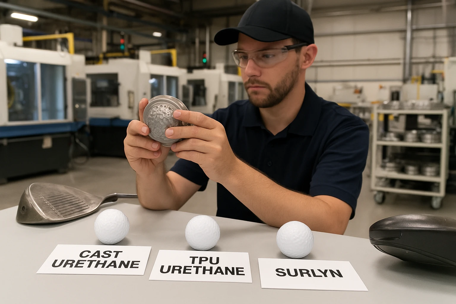 Golf ball materials comparison in factory with technician, OEM samples under manufacturer quality control