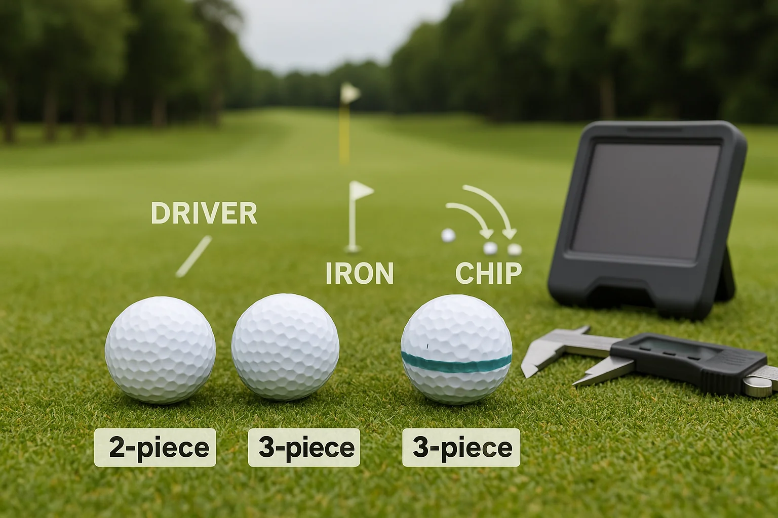 2-piece and 3-piece golf balls testing on fairway with launch monitor, OEM wholesale