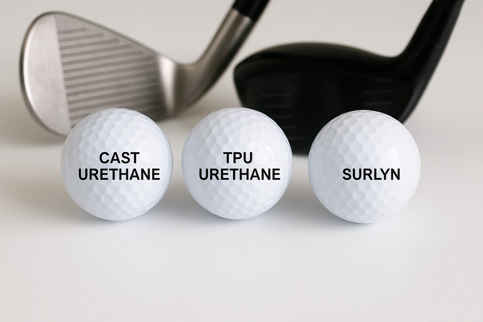 Three OEM golf balls—cast urethane, TPU, Surlyn—beside wedge and driver for wholesale