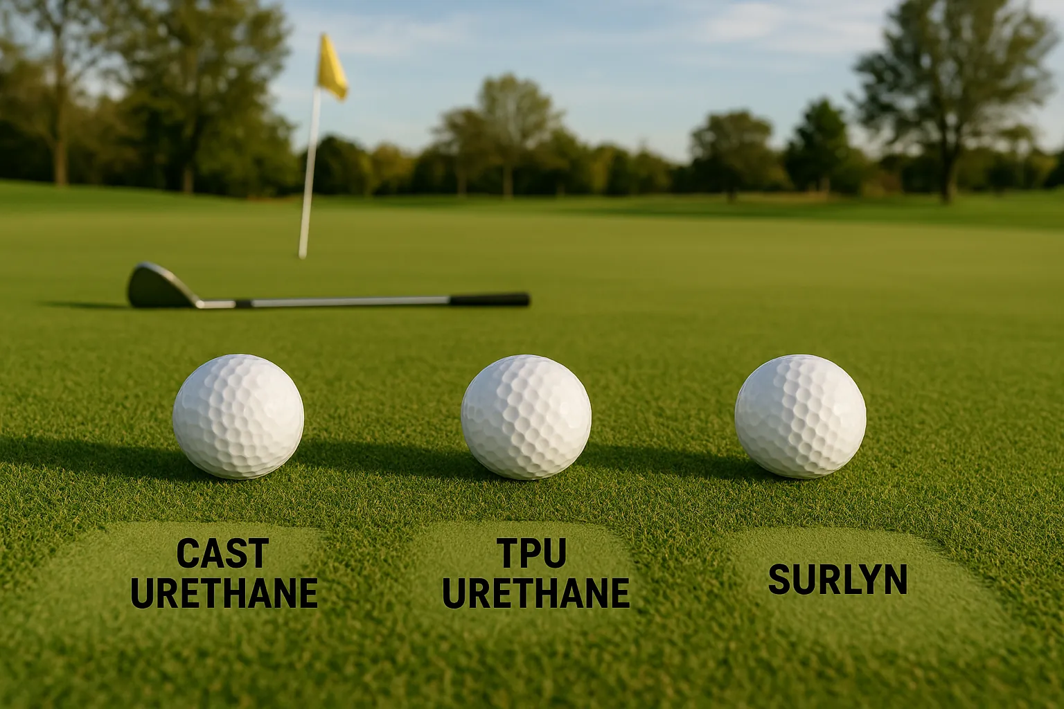 Golf balls—cast urethane, TPU, Surlyn—on putting green with putter; OEM wholesale comparison