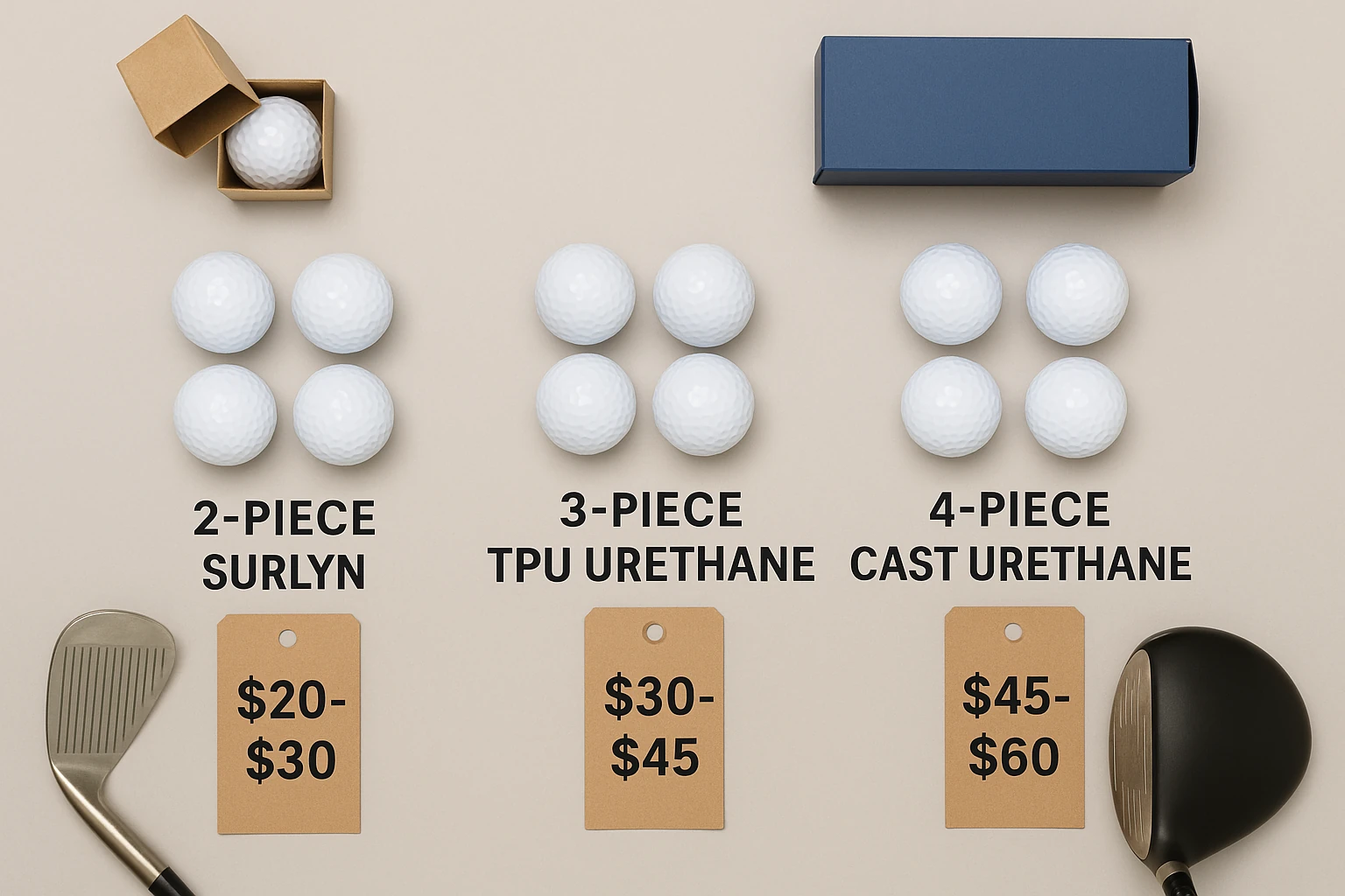 OEM golf balls pricing tiers with 2-piece, 3-piece, 4-piece options for wholesale buyers
