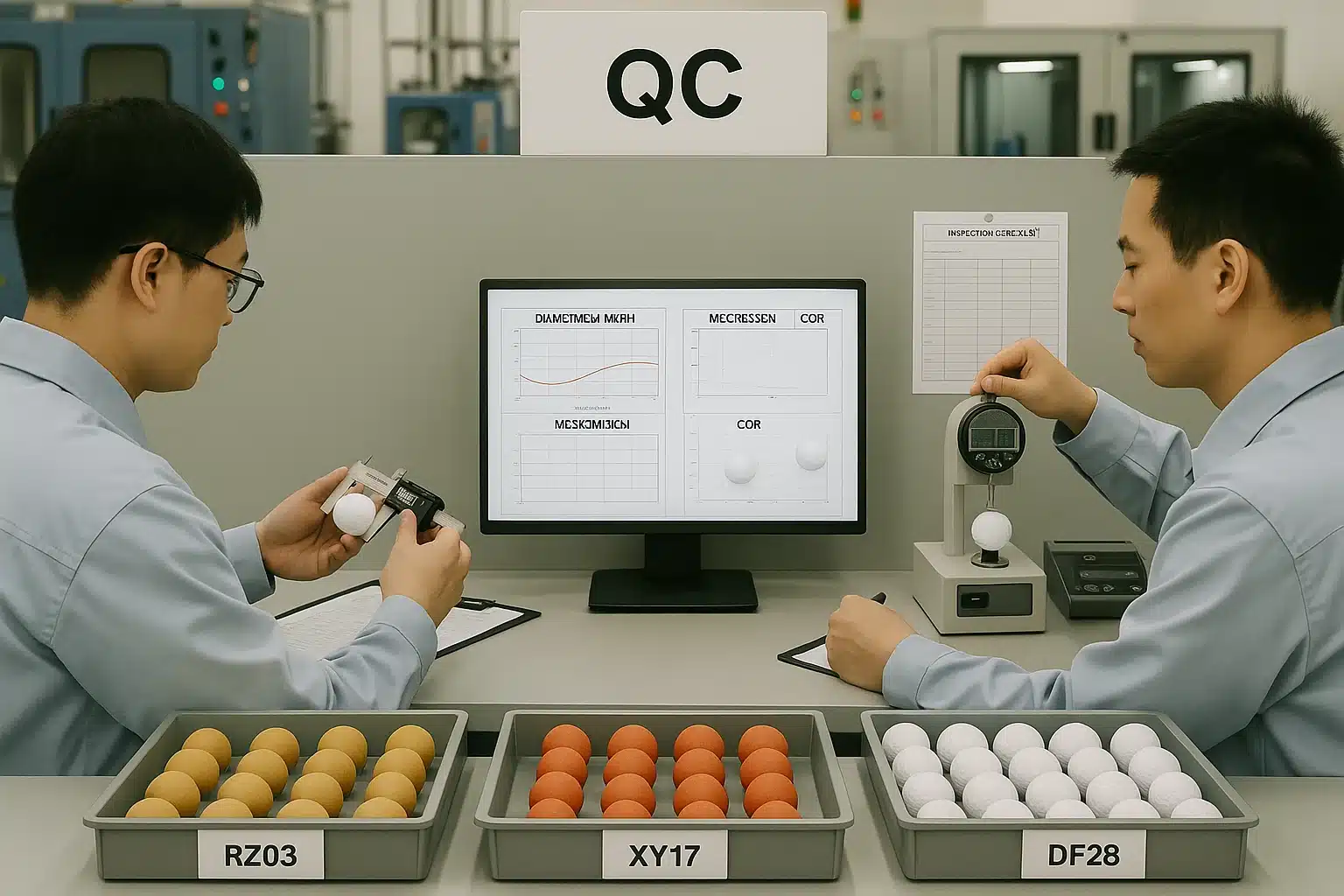 golf ball quality control with compression and diameter testing in lab