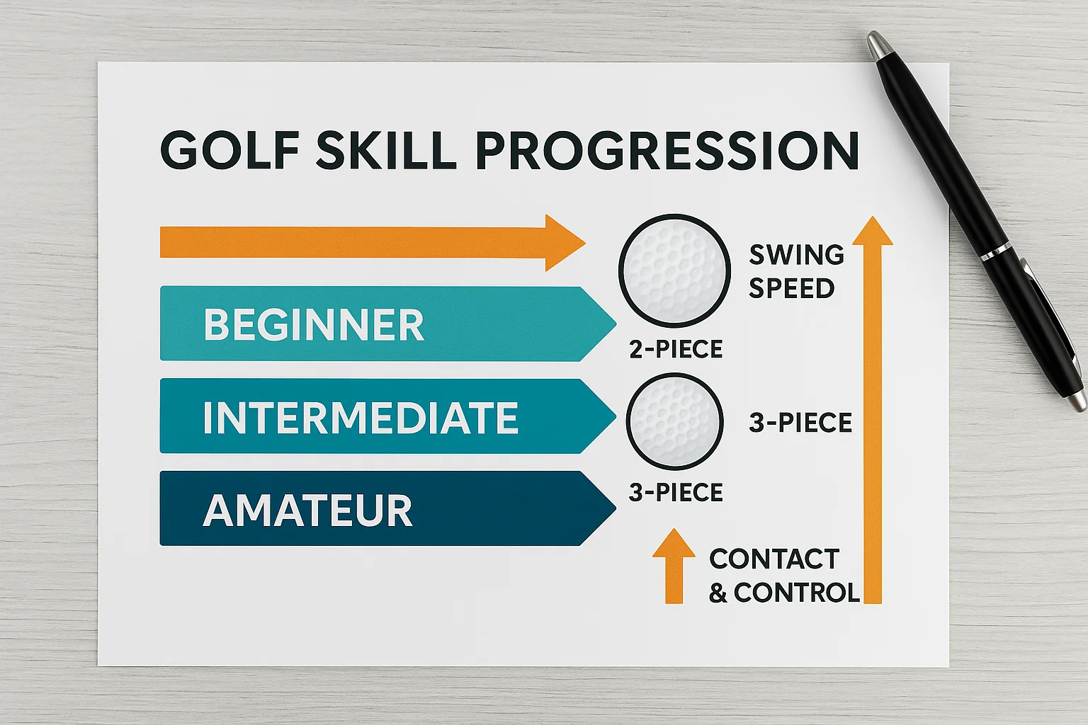 2-piece and 3-piece golf balls skill progression chart for OEM wholesale buyers