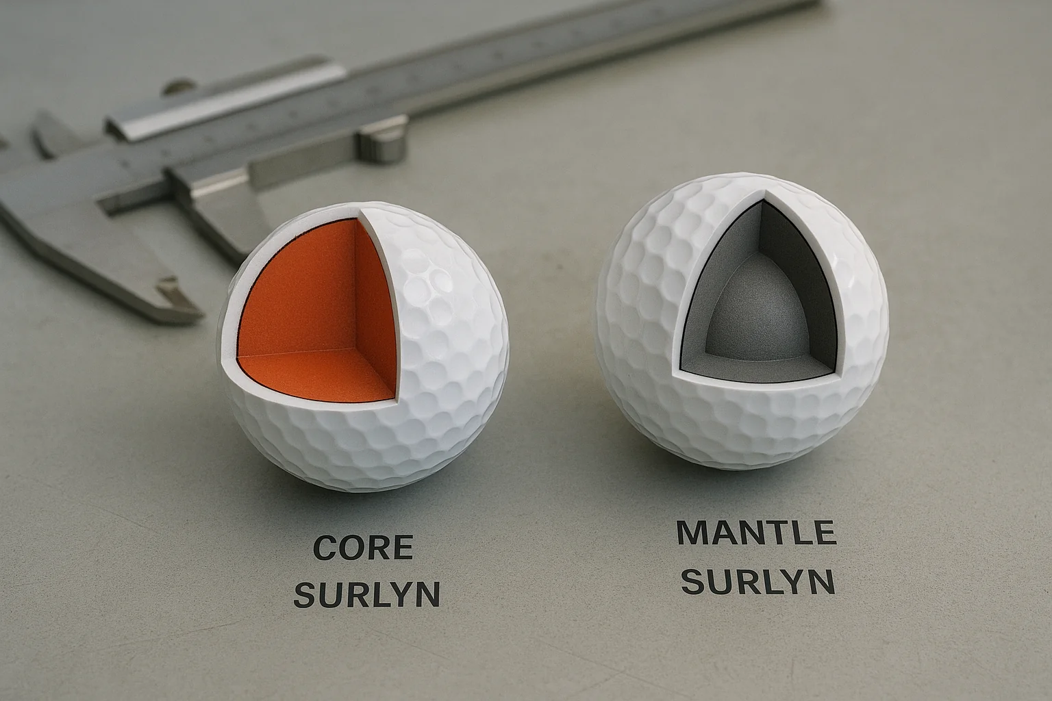 cutaway surlyn core and mantle golf balls with caliper, OEM manufacturer quality control