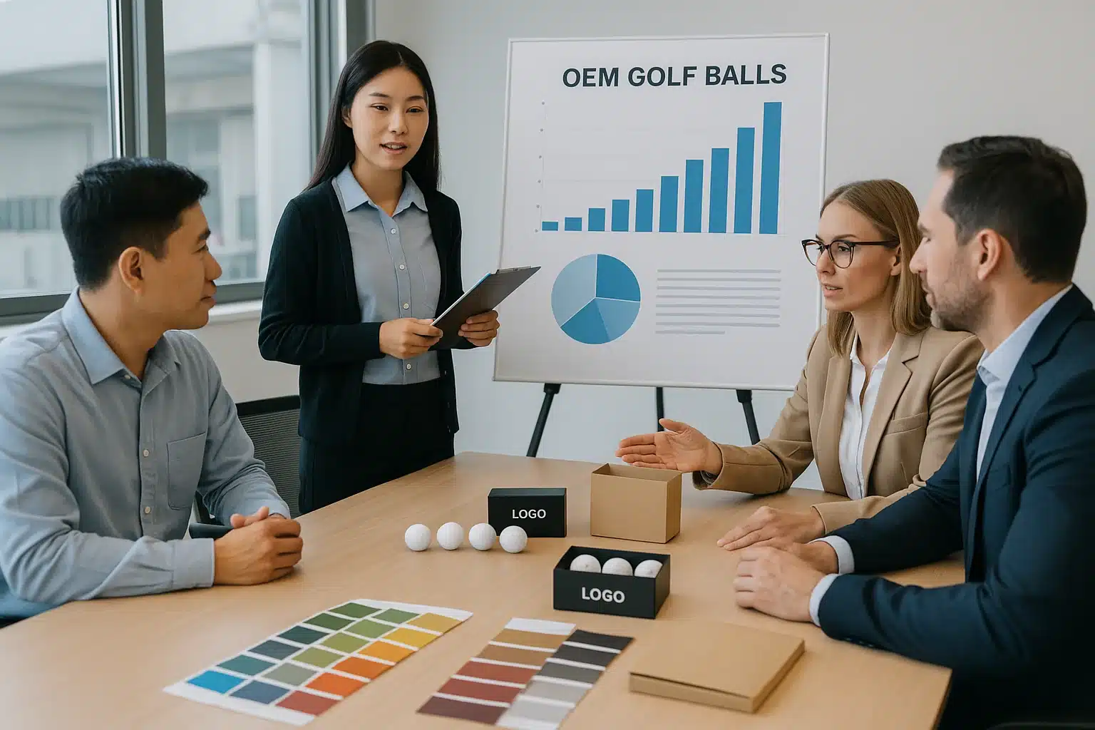 custom OEM golf ball branding meeting with packaging and logo samples