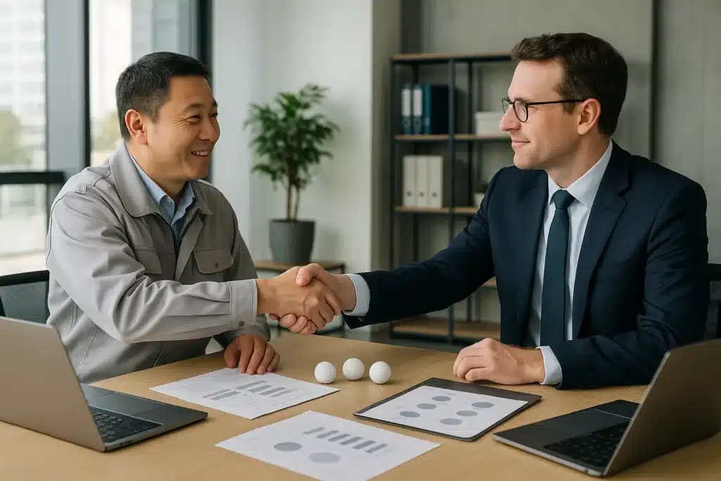 OEM golf ball manufacturer handshake with foreign buyer at business meeting