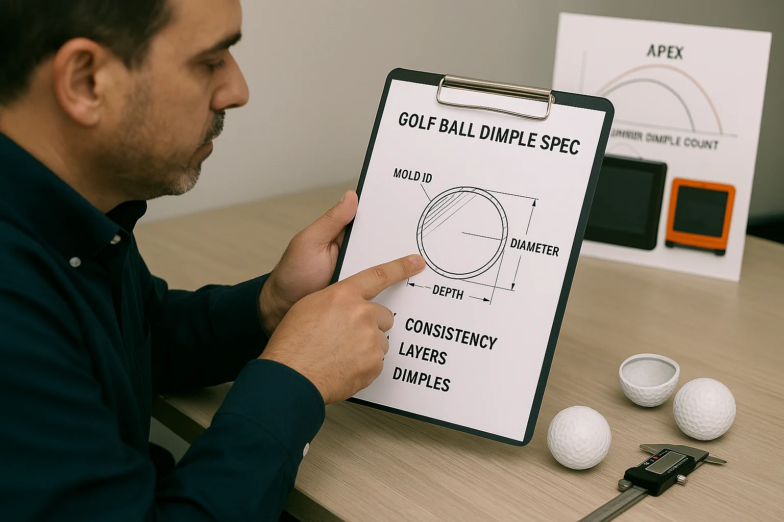 OEM golf ball dimple spec review with calipers at manufacturer quality control