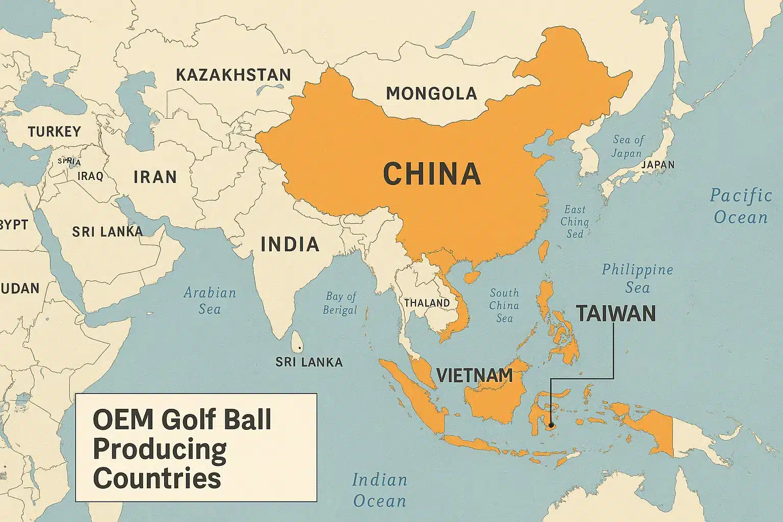 map highlighting major OEM golf ball manufacturing countries in Asia