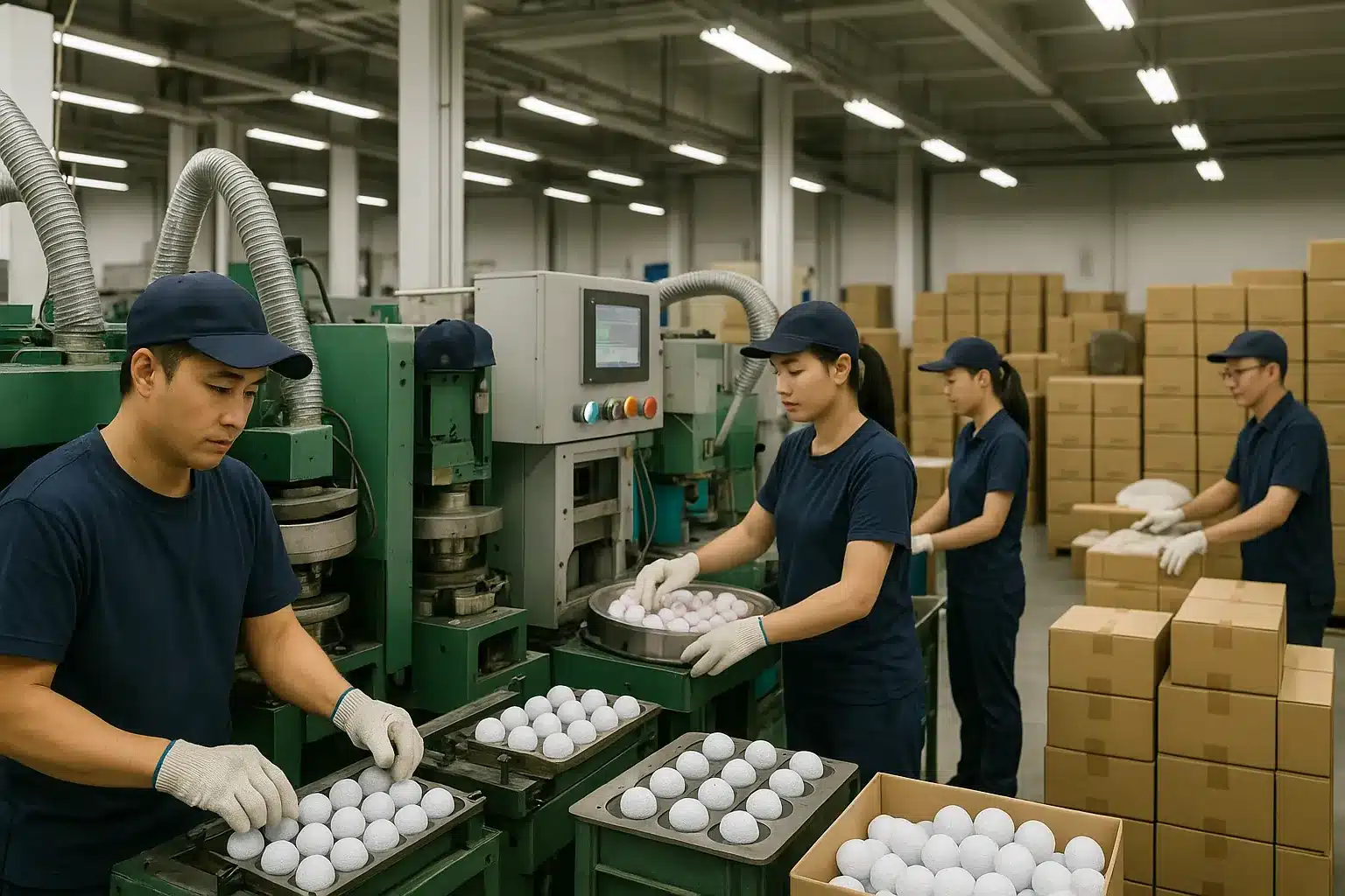 OEM golf ball production at Chinese factory with workers and packaging