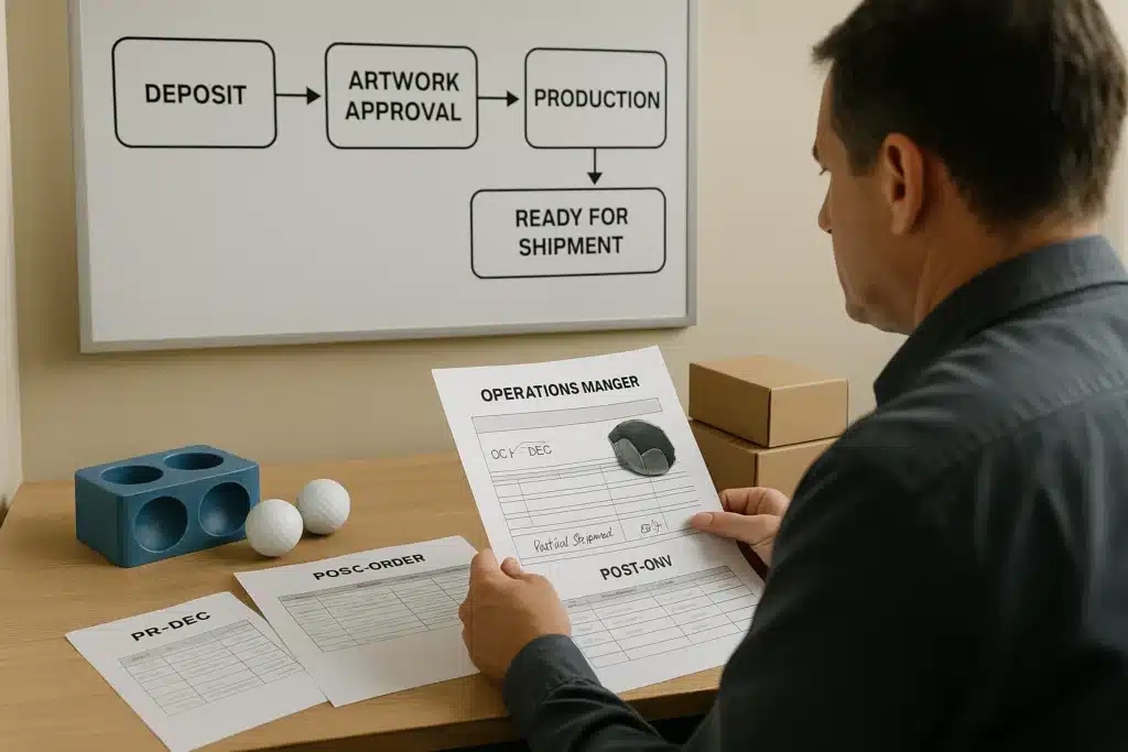 OEM golf ball production paperwork with manager reviewing order sheets
