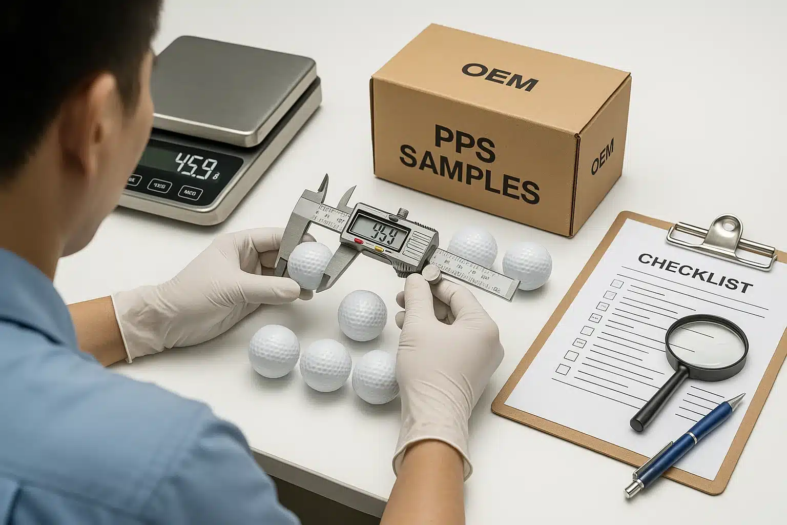 OEM golf ball PPS sample inspection with digital caliper and checklist