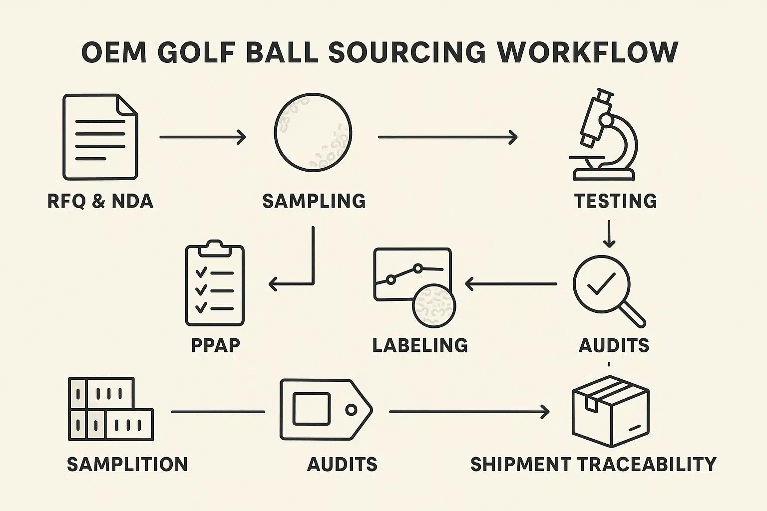OEM golf ball sourcing workflow from RFQ to shipment traceability