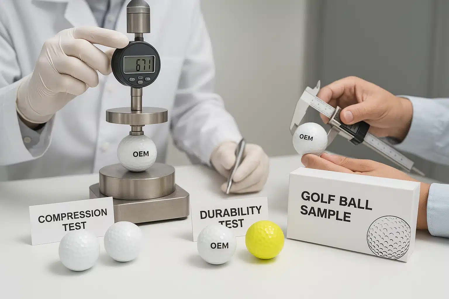 OEM golf ball quality control with compression and durability testing