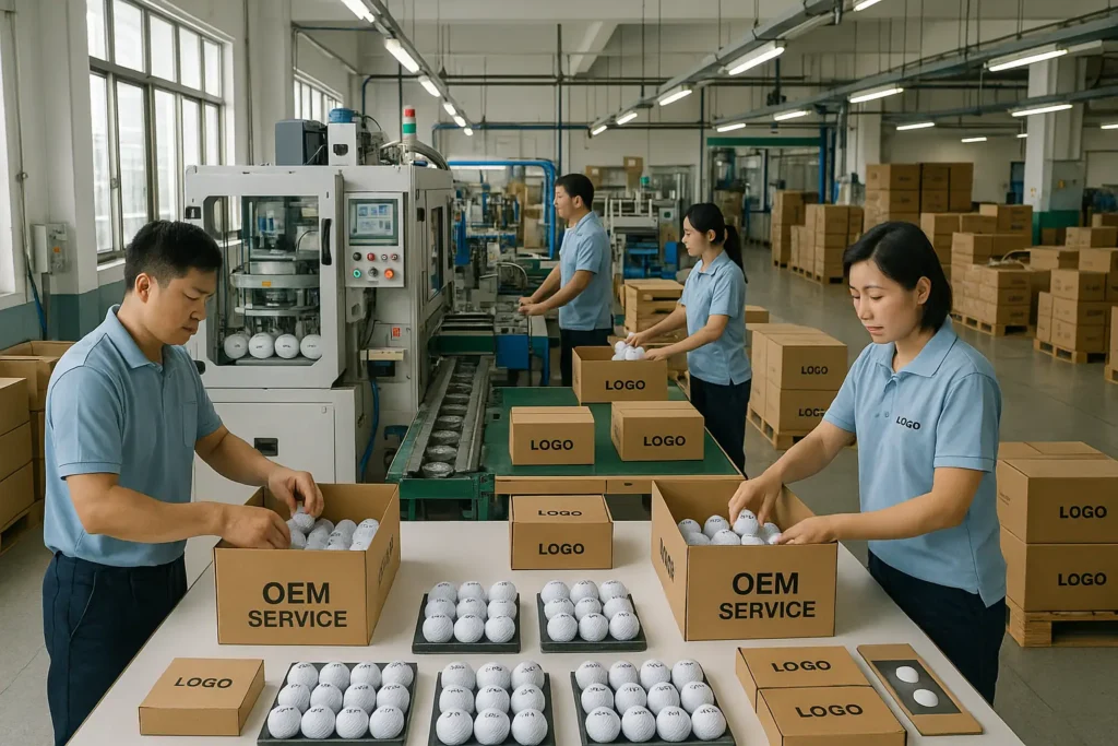OEM golf balls being packed by workers in factory for bulk export orders
