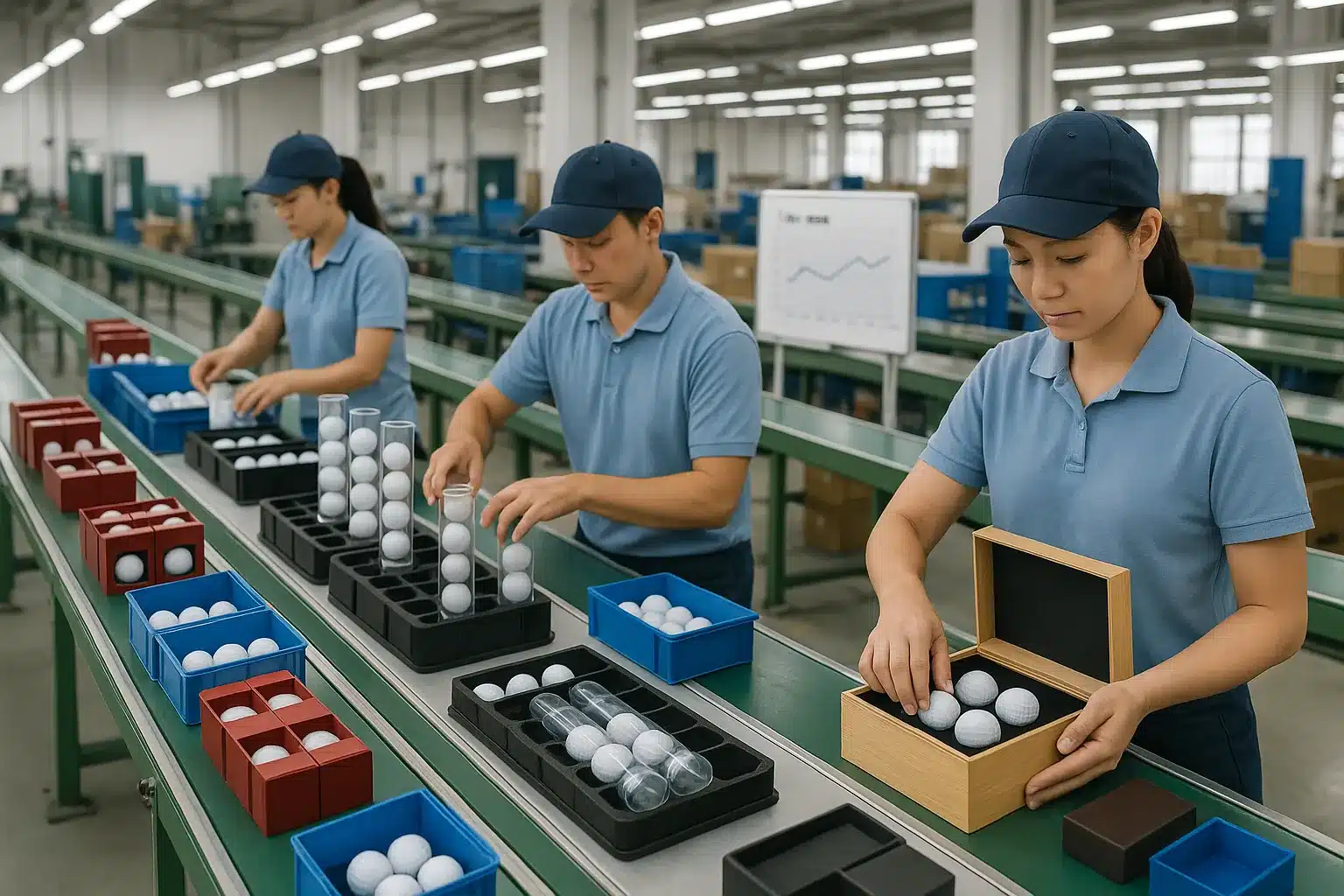workers packing OEM golf balls in factory gift box line