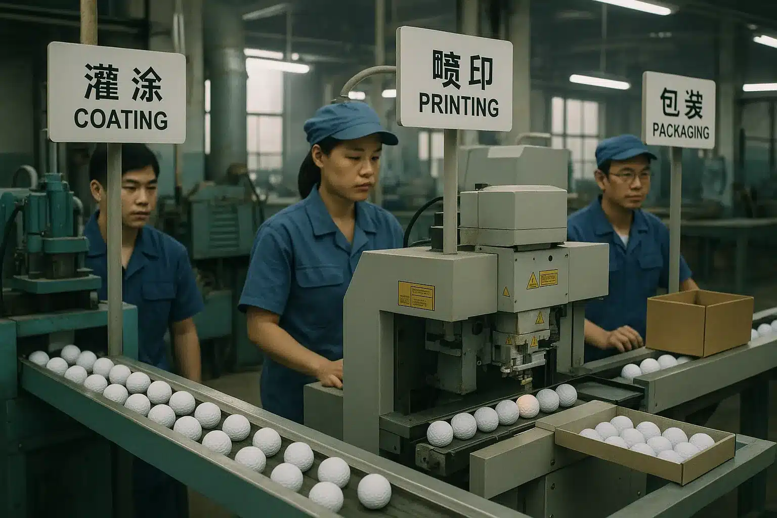 OEM golf balls being printed and packaged in Chinese factory