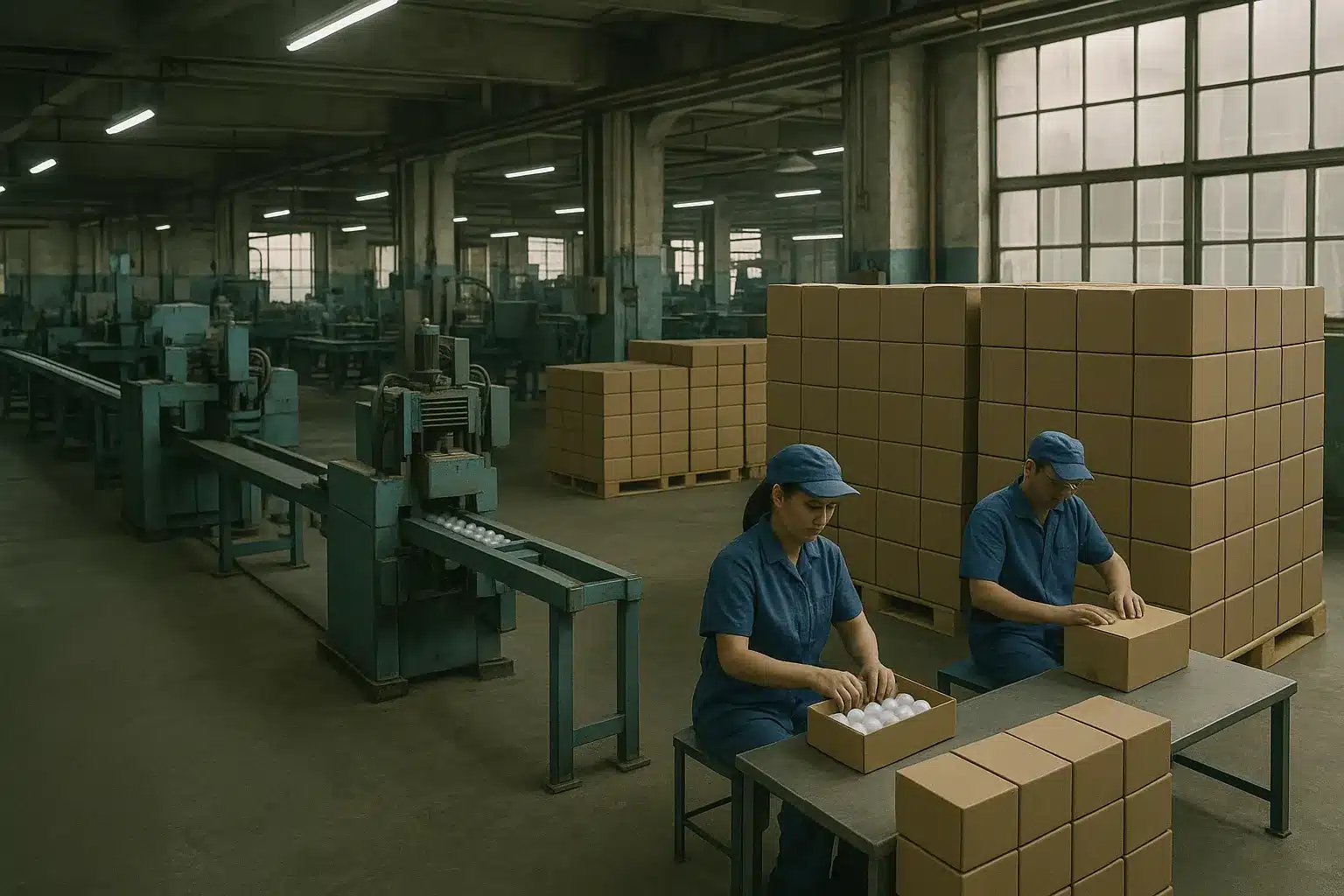workers packing OEM golf balls for bulk export in Chinese factory