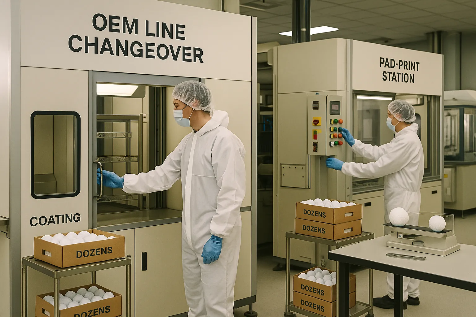 OEM golf balls undergoing coating and pad printing in cleanroom facility