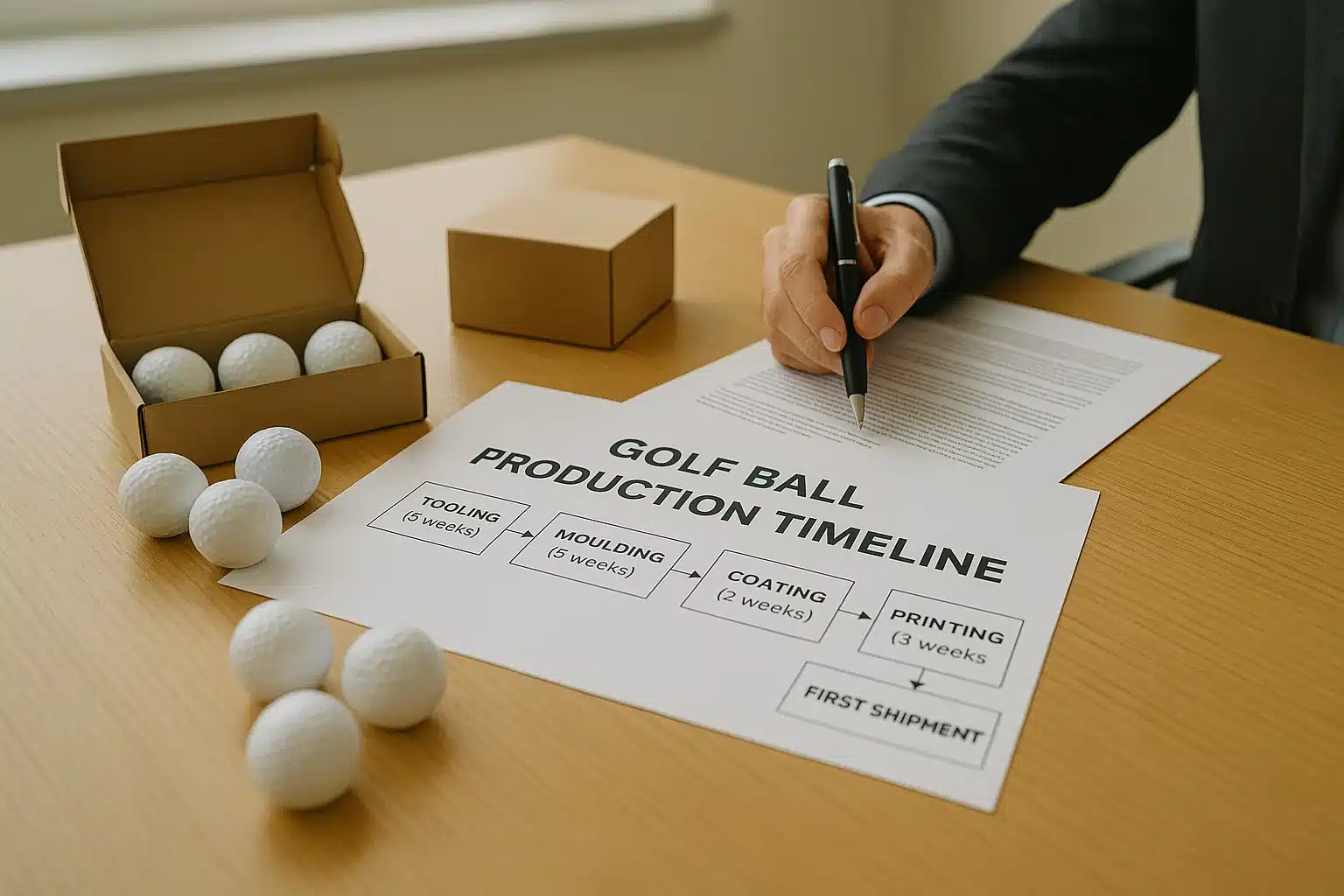 OEM golf ball production timeline document with samples on desk
