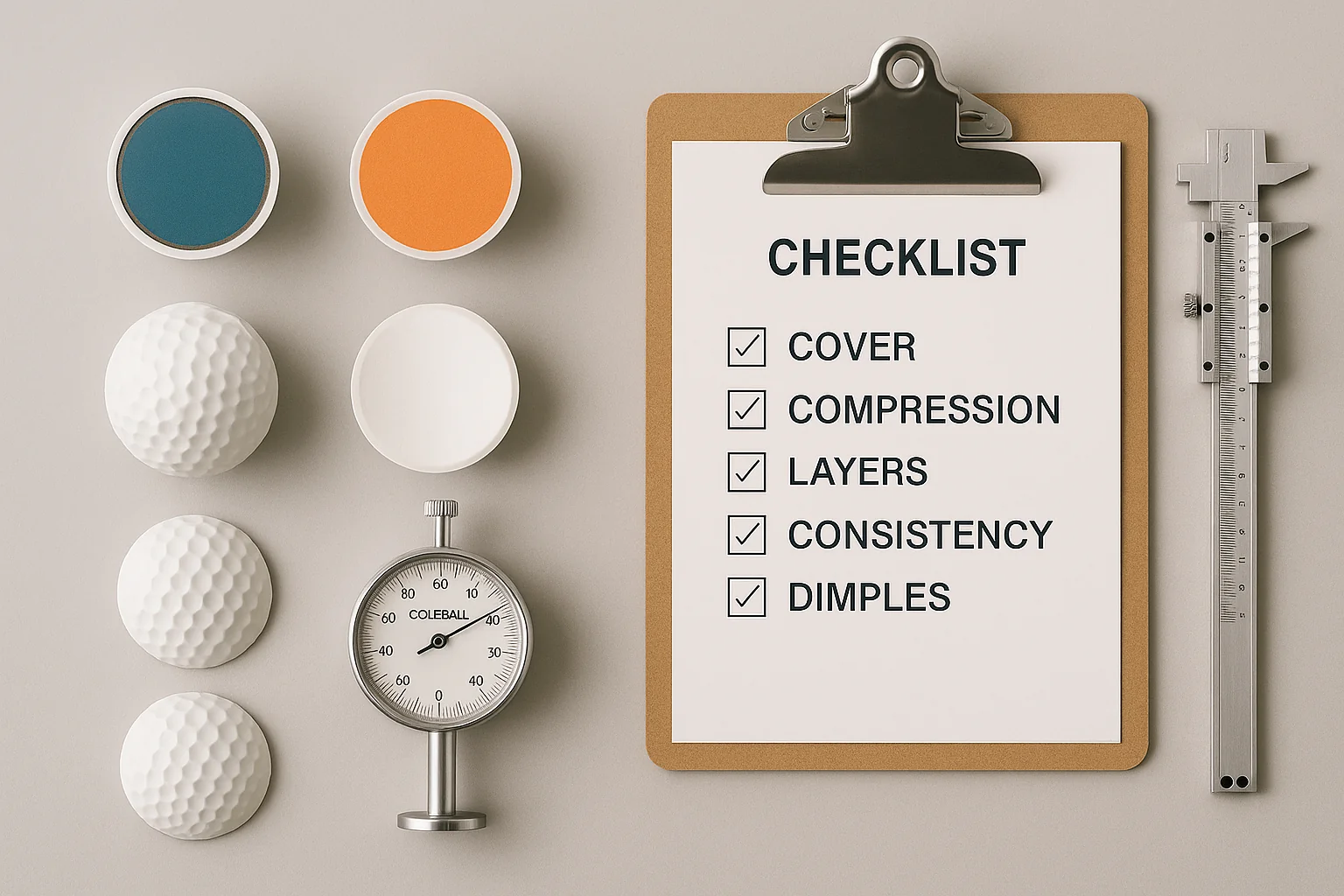 OEM golf balls quality control checklist with durometer and caliper at manufacturer inspection