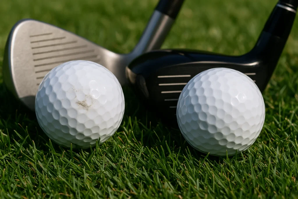 OEM golf balls with iron and wood on fairway grass, for bulk wholesale buyers