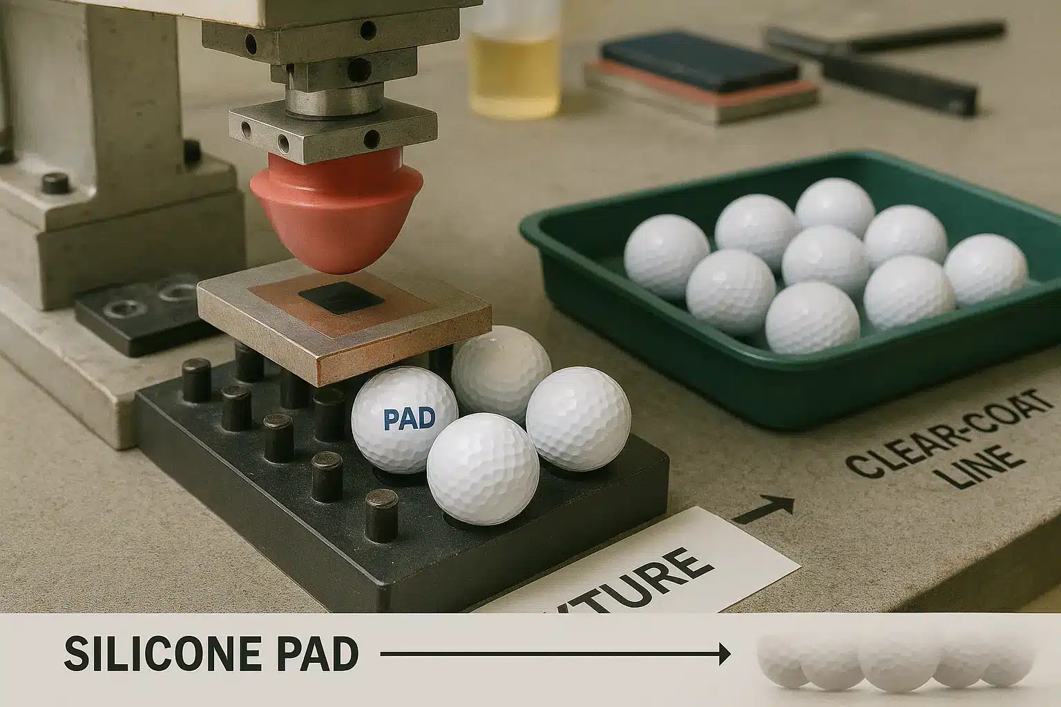pad printing process on custom golf balls in factory setting
