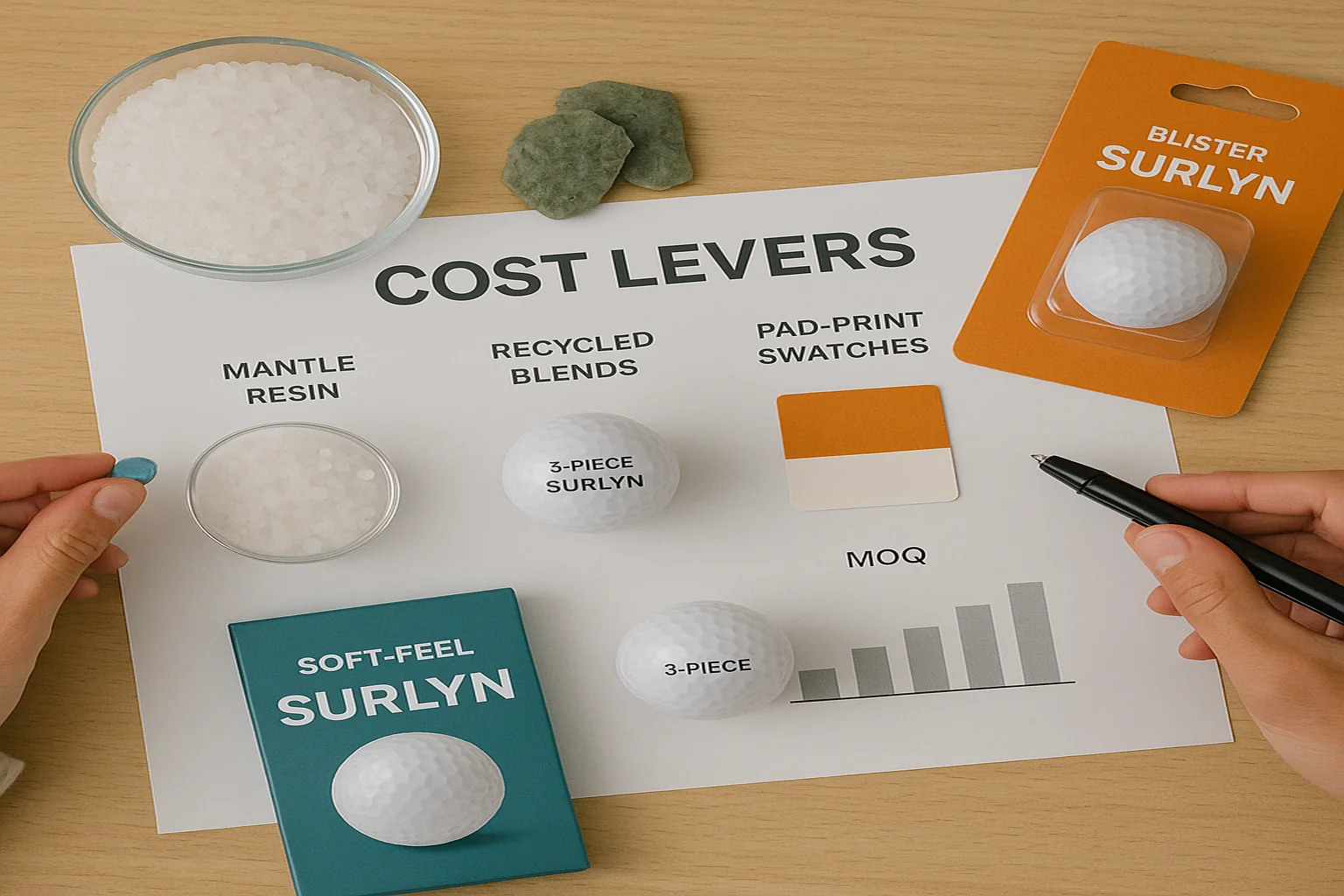 Surlyn golf balls cost levers with materials and MOQ chart, OEM custom wholesale planning