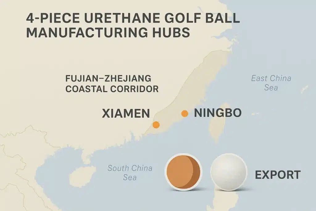 map of China showing 4-piece urethane golf ball export hubs in Xiamen and Ningbo
