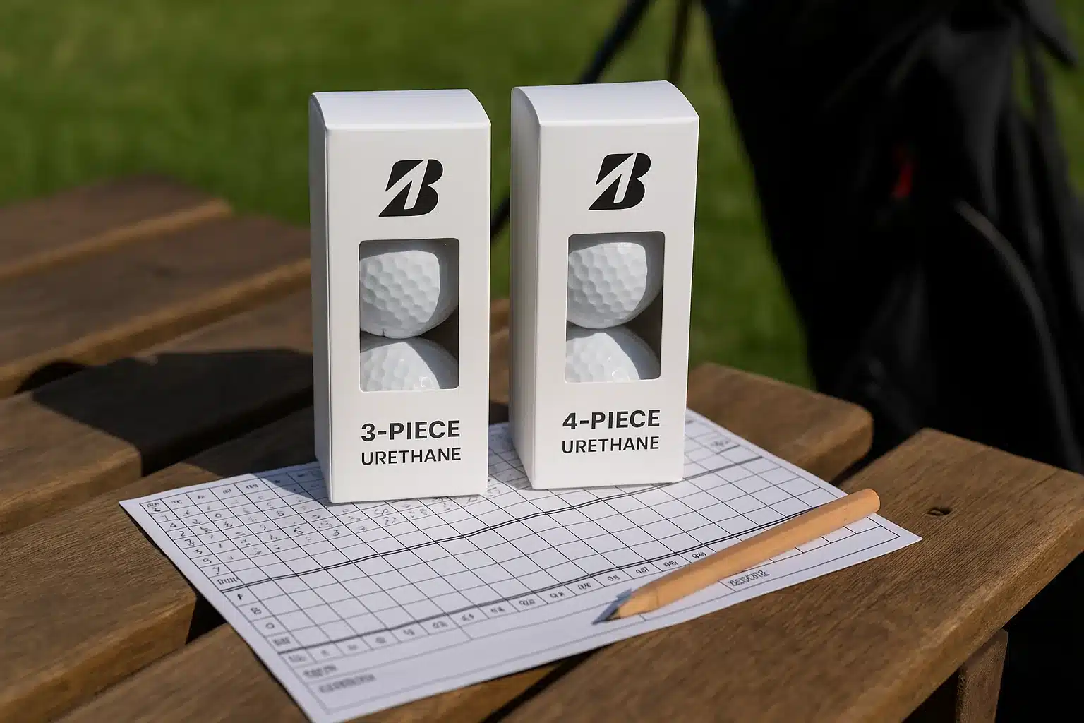 3-piece and 4-piece urethane golf balls in retail packaging on scorecard