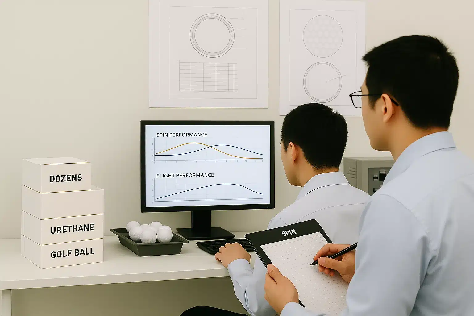 engineers analyzing spin and flight data for urethane golf balls