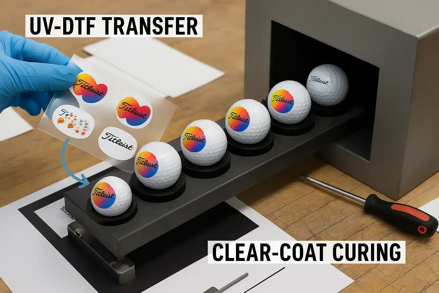 UV-DTF transfer logo printing on custom golf balls with clear-coat curing