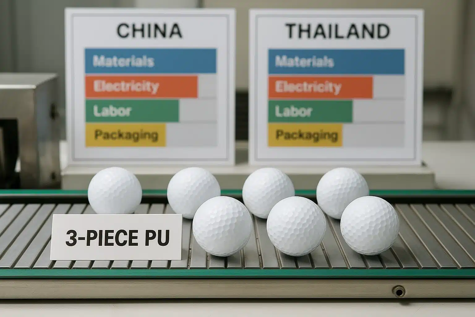 3-piece PU golf balls on factory conveyor with cost comparison