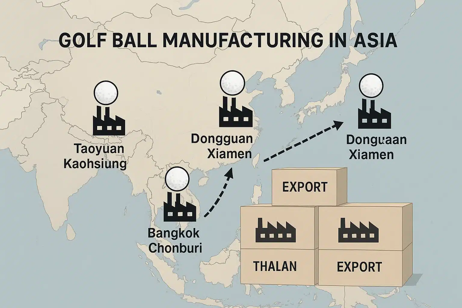 Asia golf ball manufacturing map showing golf ball manufacturing and export factories across Asia including China and Thailand