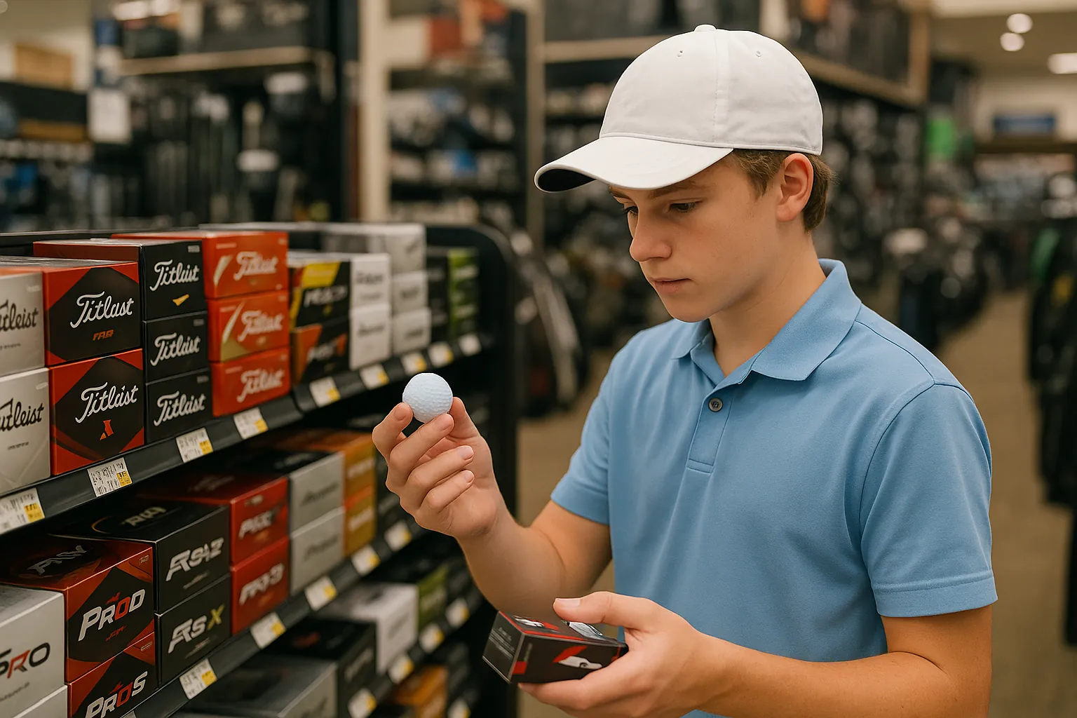golfer selecting branded golf balls in retail shop for bulk purchase