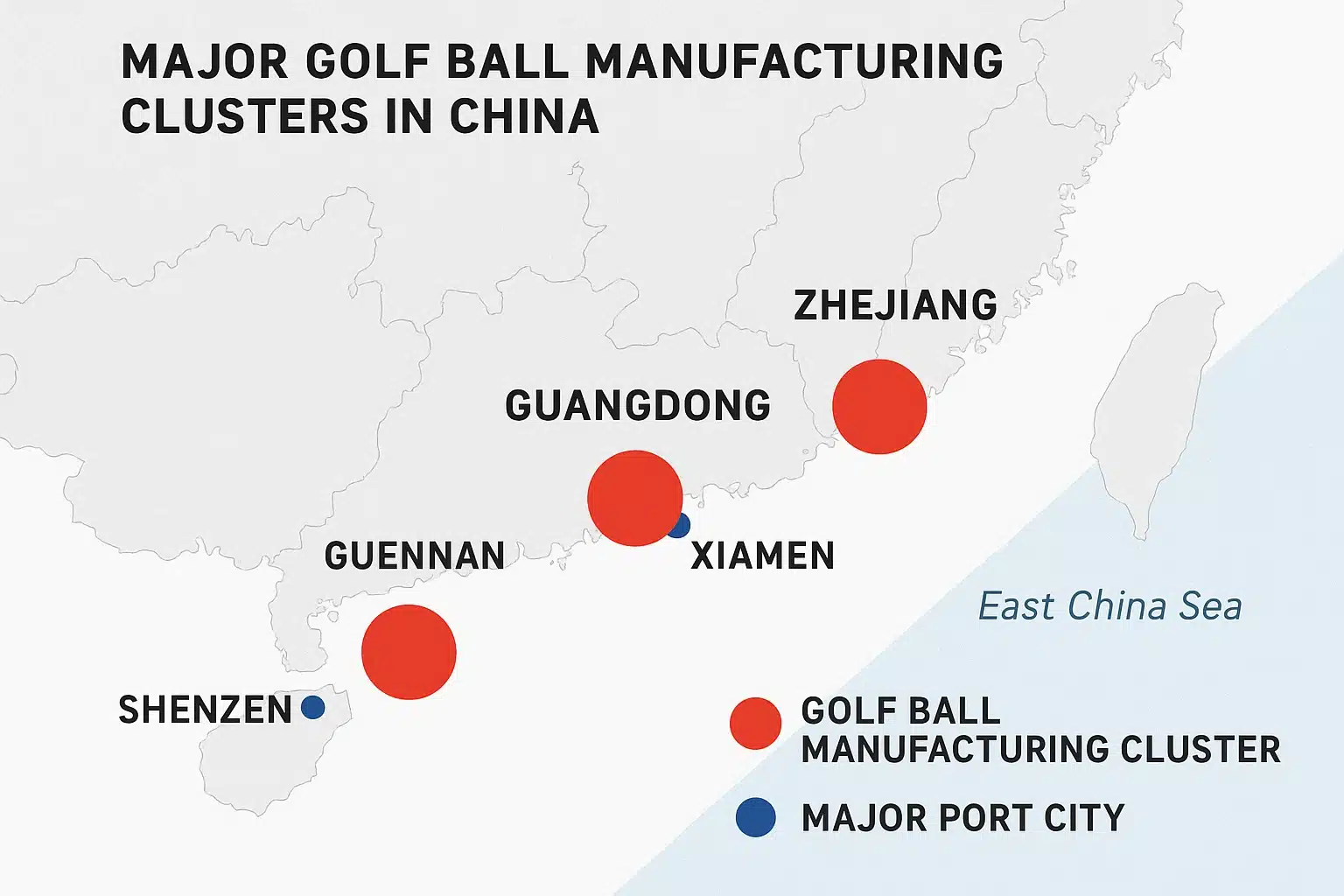 map showing major golf ball manufacturing clusters in China