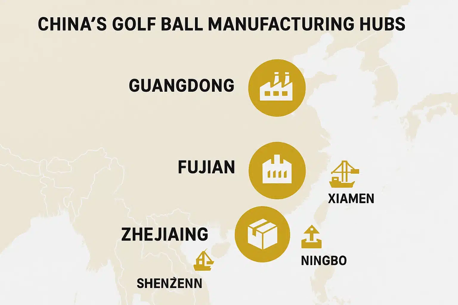 map of China's main golf ball manufacturing hubs and export ports
