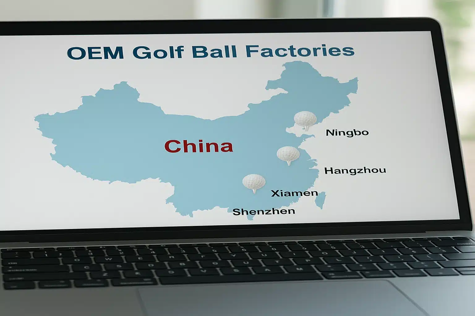 map of OEM golf ball factories in China showing Ningbo Hangzhou Xiamen and Shenzhen