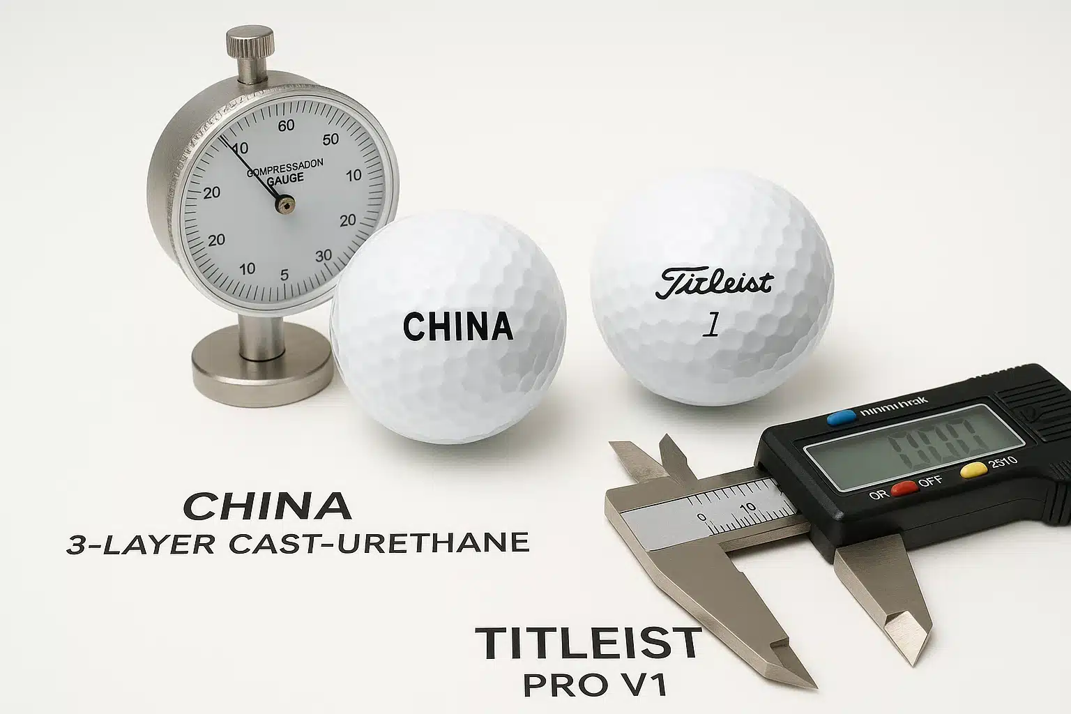 comparison of China OEM golf ball and branded model with precision tools