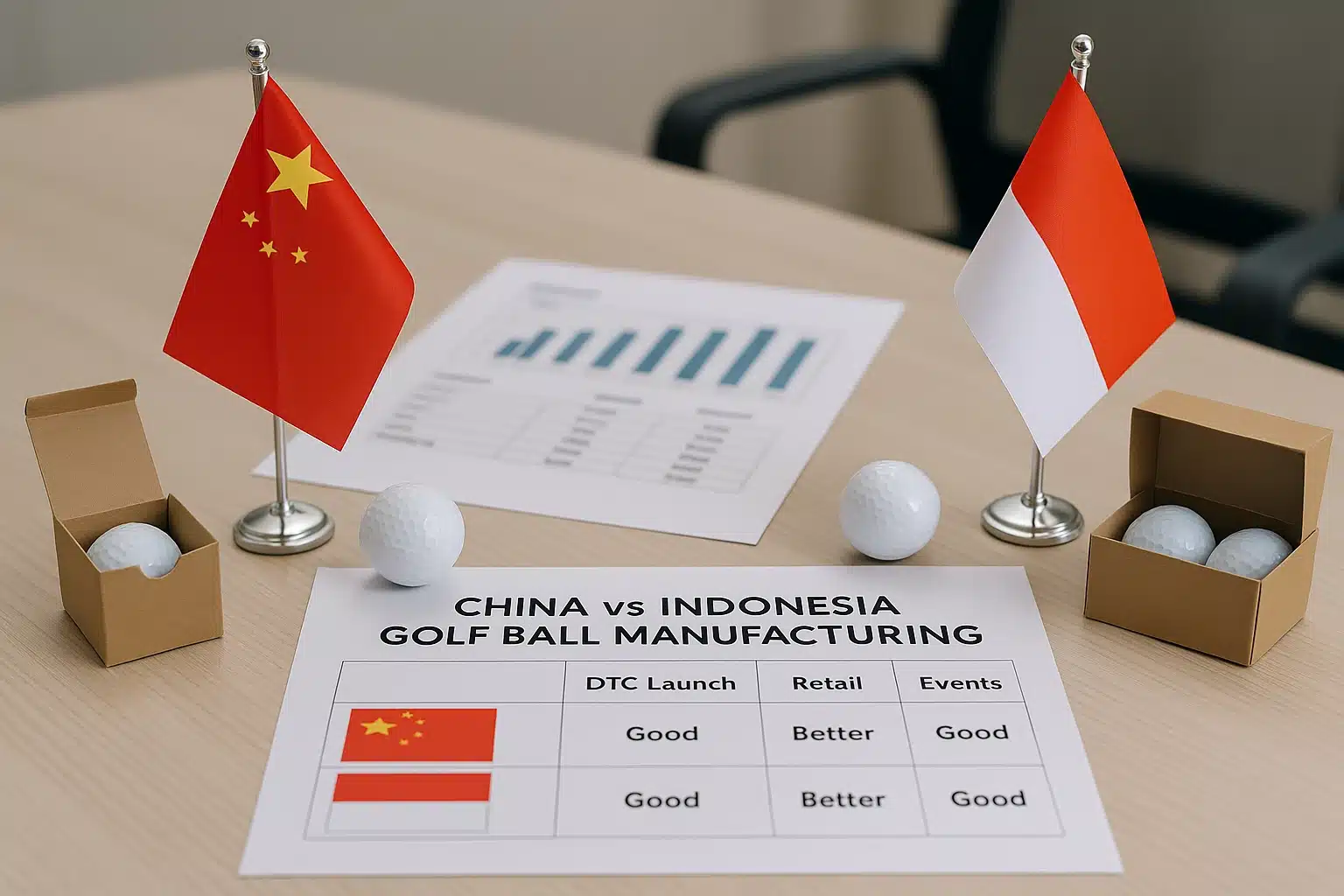 China vs Indonesia golf ball manufacturing performance comparison chart
