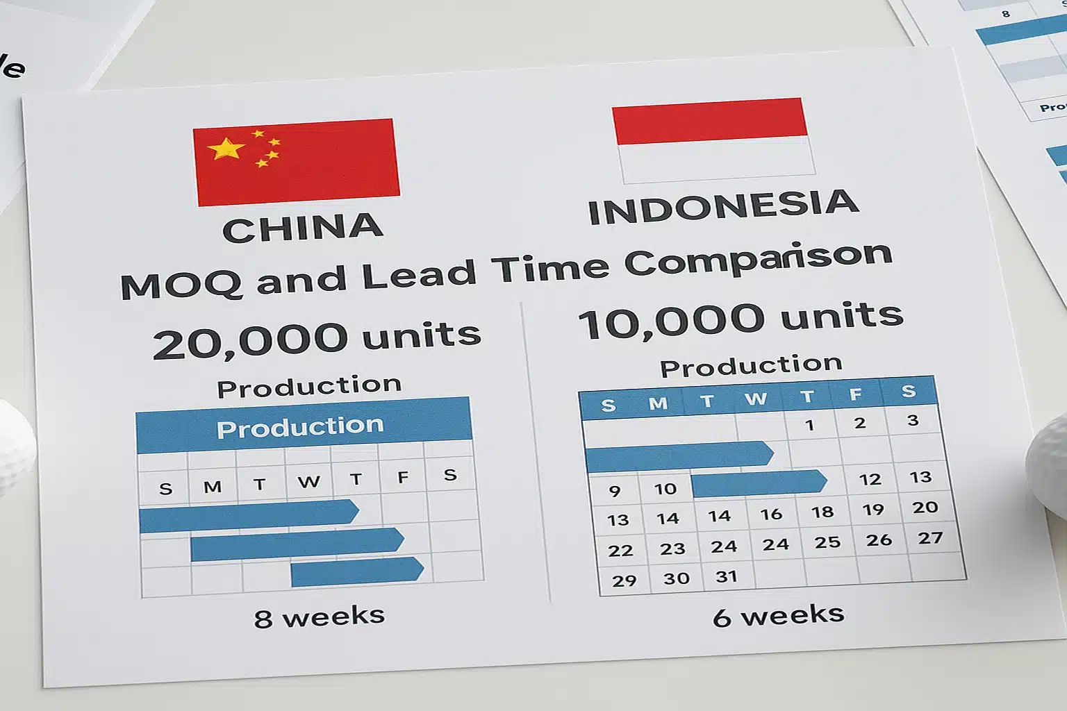 China vs Indonesia golf ball MOQ and lead time comparison chart