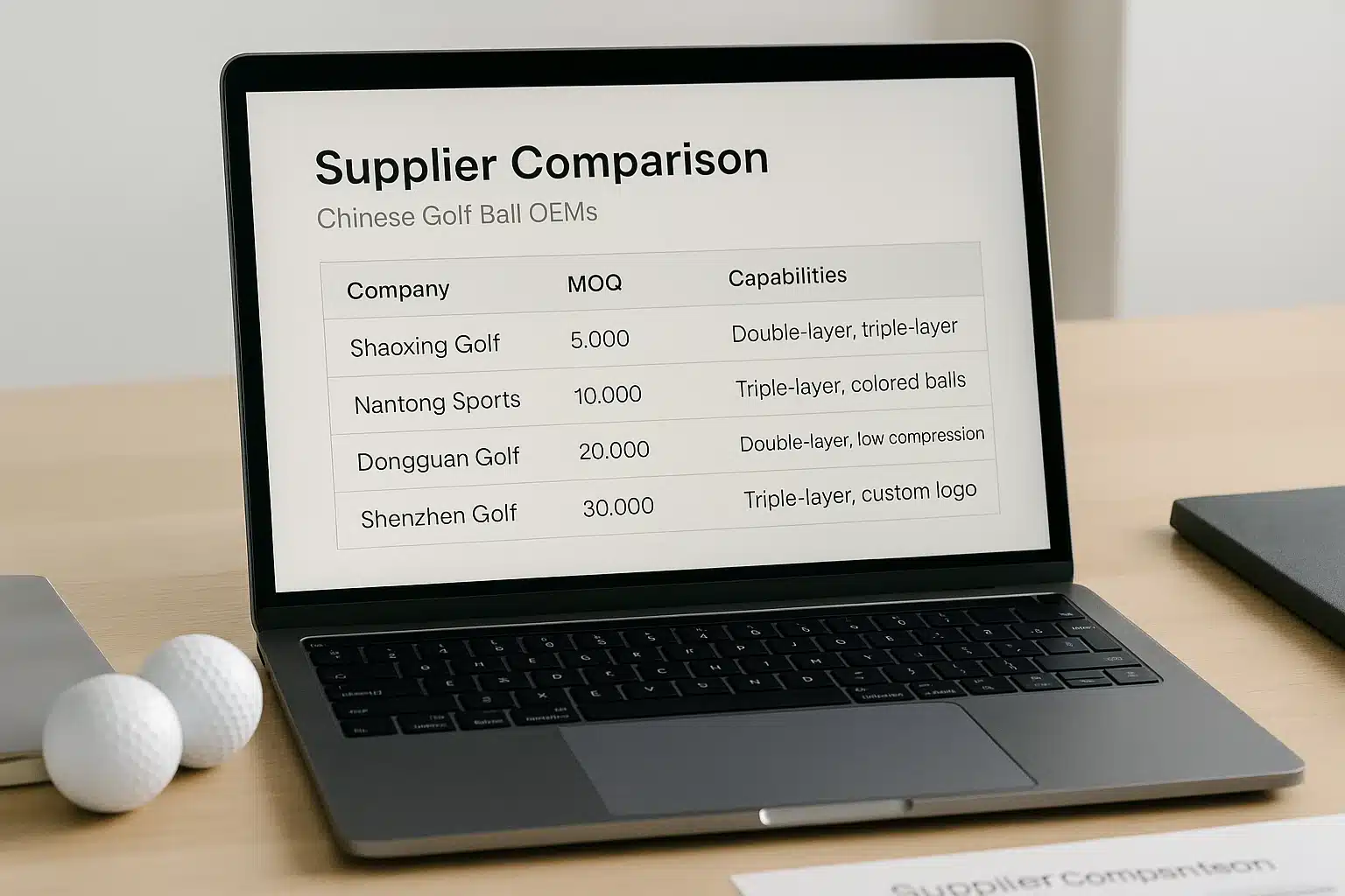 Chinese golf ball OEM supplier comparison chart on laptop