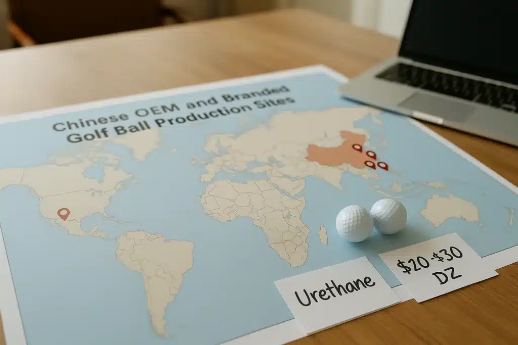 Chinese OEM golf ball production map with urethane golf balls and laptop