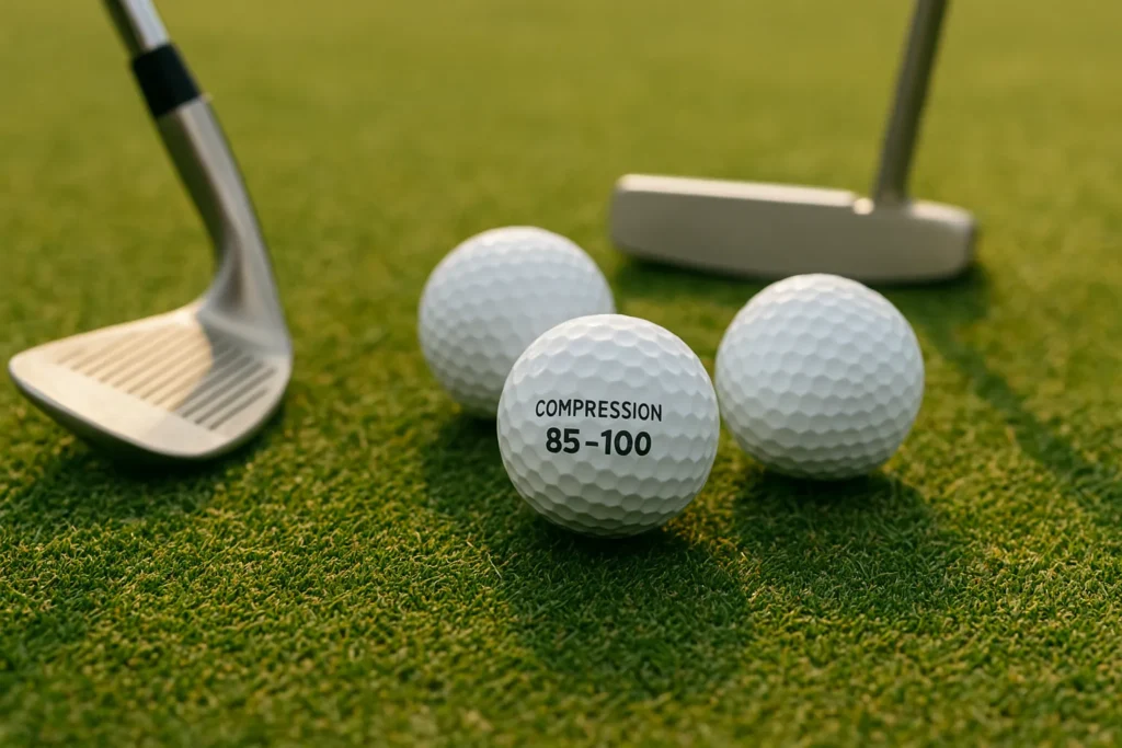 golf balls with 85-100 compression rating on green with clubs