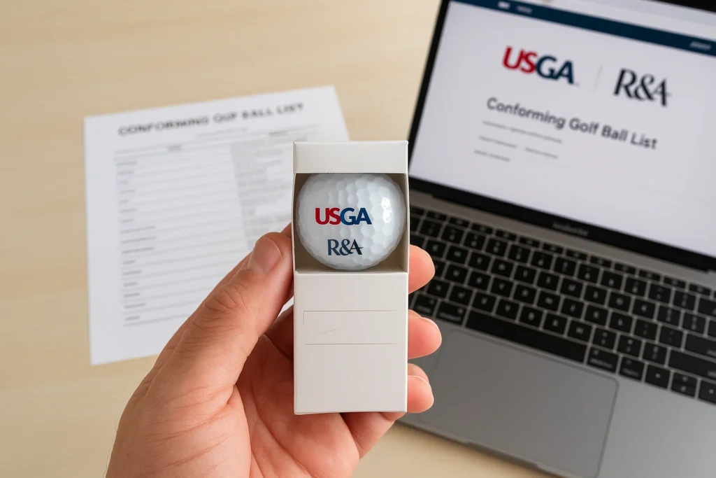 custom printed golf ball beside laptop and conforming list, OEM export manufacturer