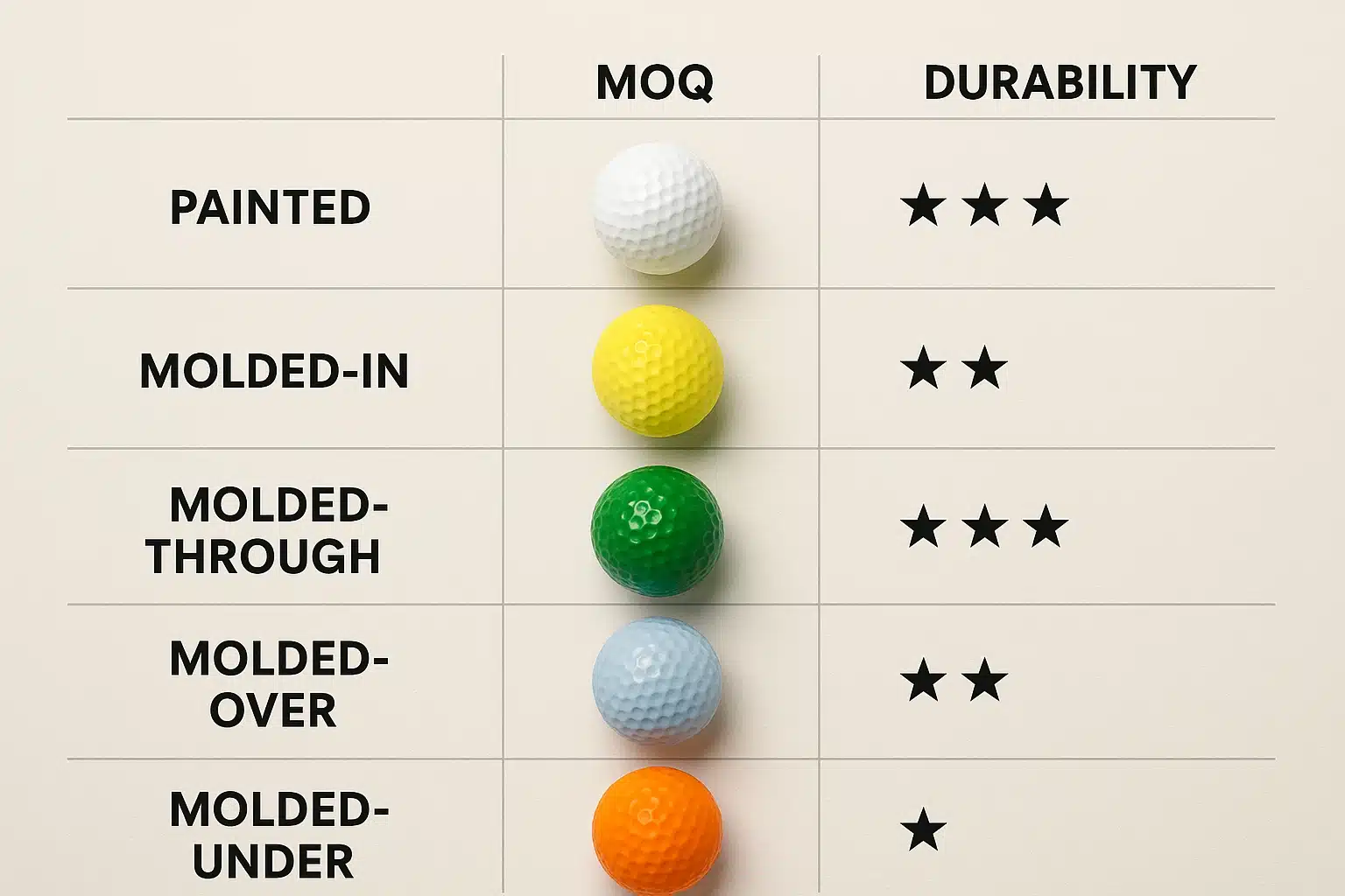 custom golf balls durability and MOQ comparison chart
